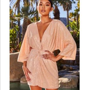 Club L London NUDE SEQUIN PLUNGE NECK KIMONO DRESS